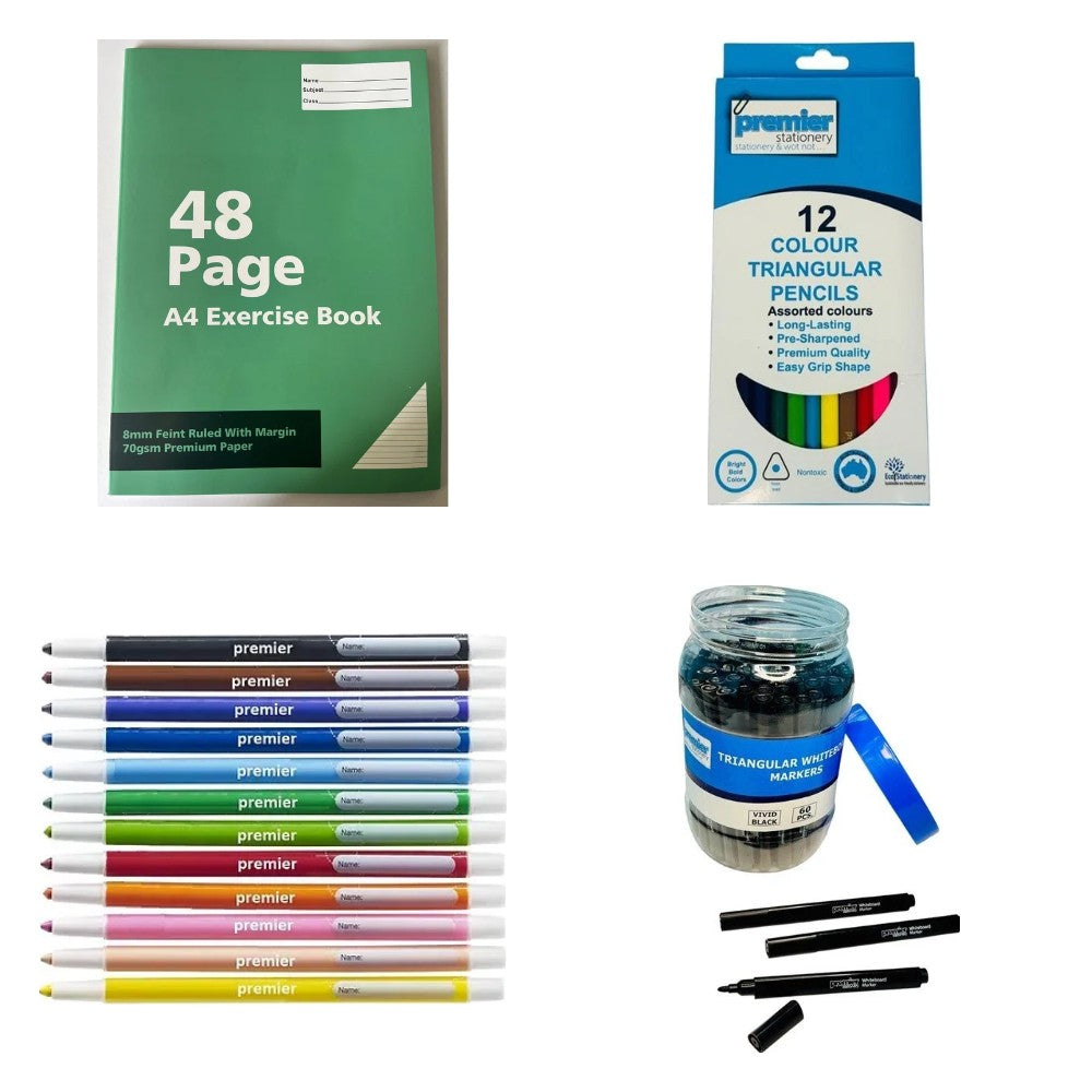 Premier exercise books, coloured pencils, crayons and whiteboard markers
