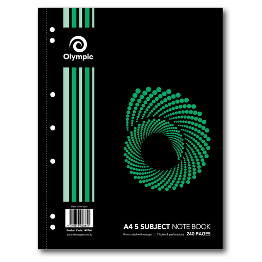 Olympic 5 Subject Notebook 8mm Ruled with Margin Spiral Bound 7 Holes A4 240 pages