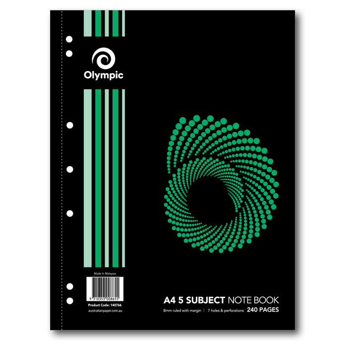 Olympic 5 Subject Notebook 8mm Ruled with Margin Spiral Bound 7 Holes A4 240 pages