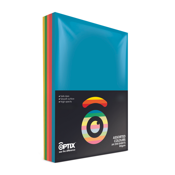Optix Paper A4 80gsm Pack 200 Brights Assorted