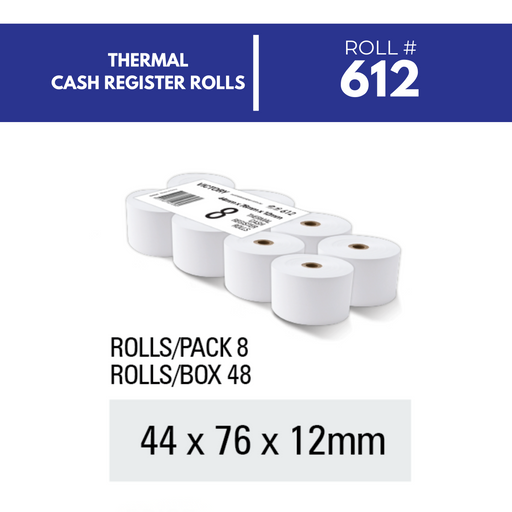 Victory Paper Thermal Rolls 44 x 76 x 12mm 1 Ply Pack 8