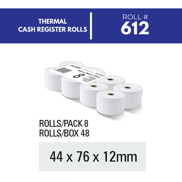 Victory Paper Thermal Rolls 44 x 76 x 12mm 1 Ply Pack 8