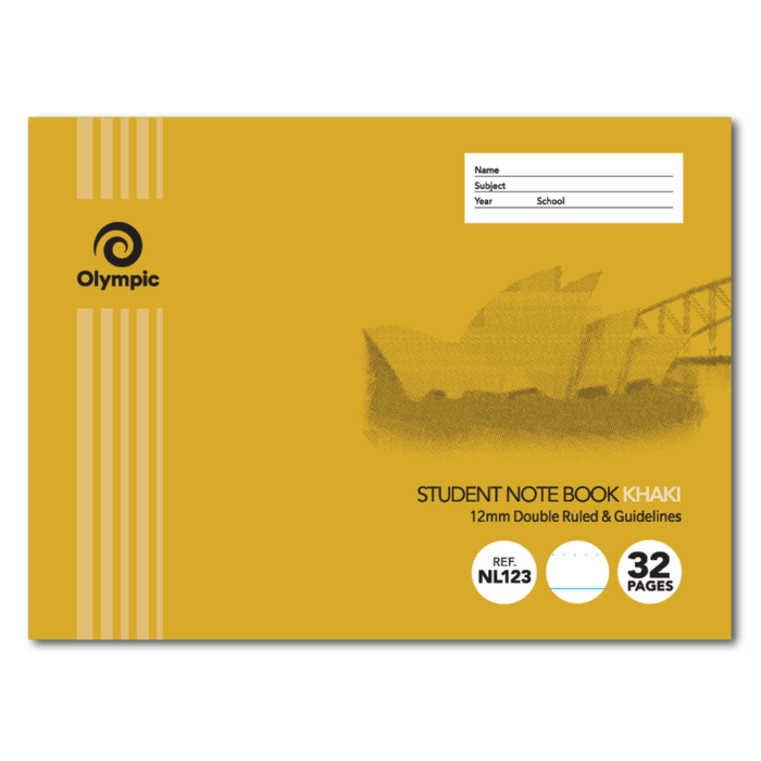 Olympic NSW Primary Student Notebook 12mm Double Ruled with Guidelines 175x240mm 32 pages Khaki
