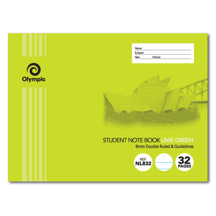 Olympic NSW Primary Student Notebook 8mm Double Ruled with Guidelines 175x240mm 32 pages Lime Green