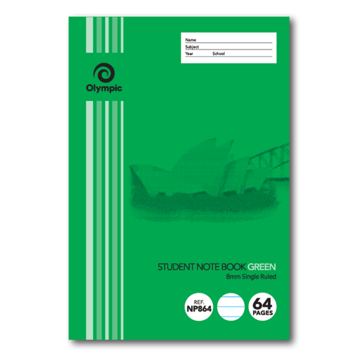 Olympic NSW Primary Student Notebook 8mm Single Ruled 250x175mm 64 pages Green