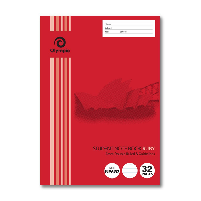 Olympic NSW Primary Student Notebook 6mm Double Ruled and Guidelines 250x175mm 32 pages Ruby