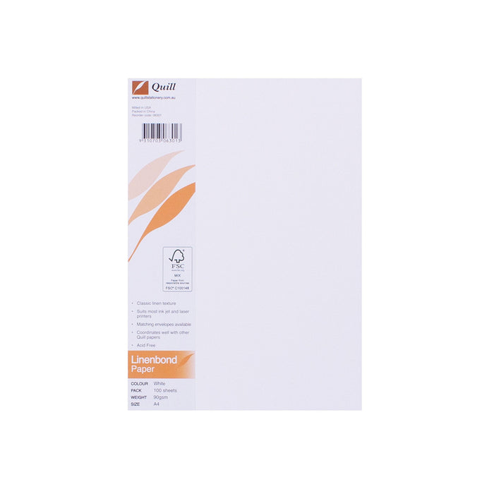 Quill Linenbond Paper 90gsm A4 Pack 100 White