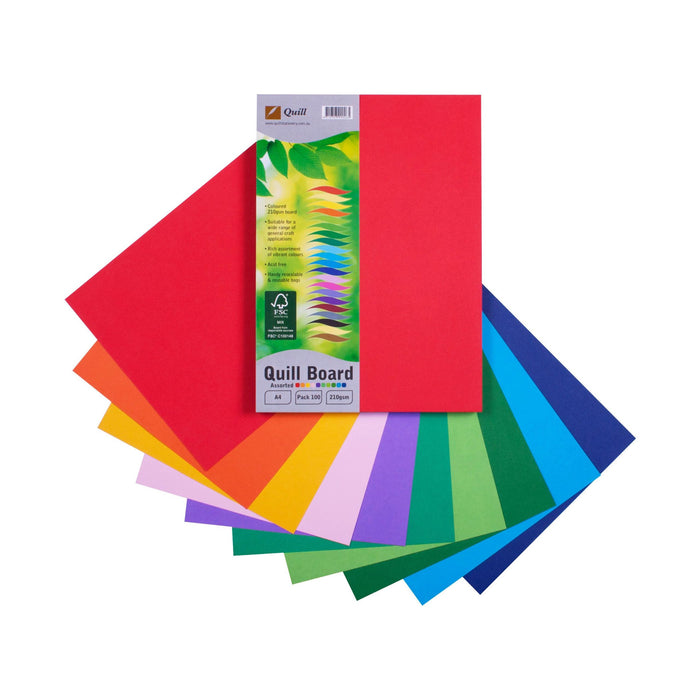 Quill Coloured Board 210gsm A4 Pack 100 Assorted