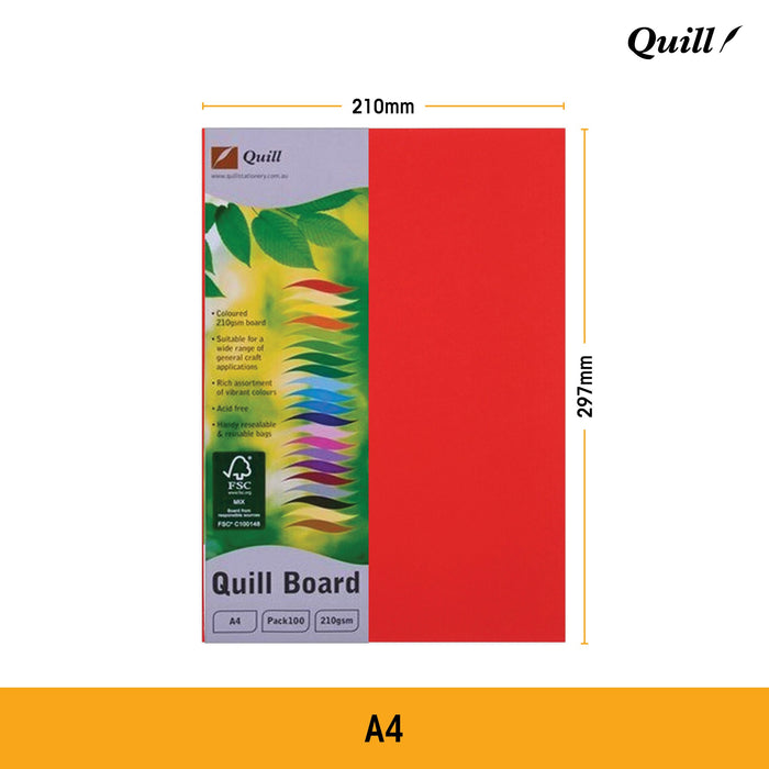 Quill Coloured Board 210gsm A4 Pack 100 Assorted