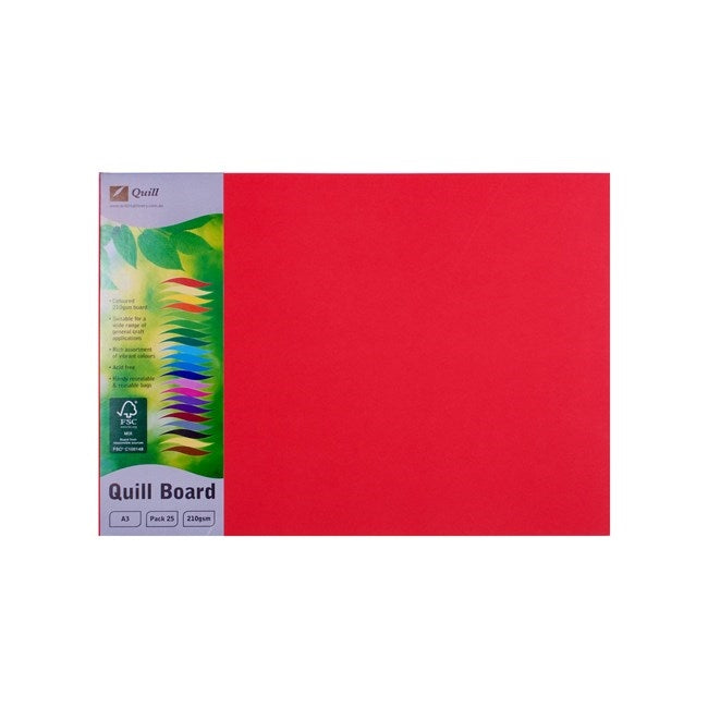 Quill Coloured Board 210gsm A3 Pack 25 Red