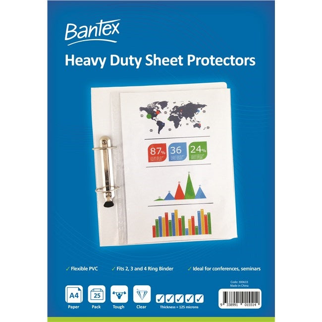 Bantex Heavy Duty Sheet Protectors PVC A4 125 Micron Pack 25 Clear
