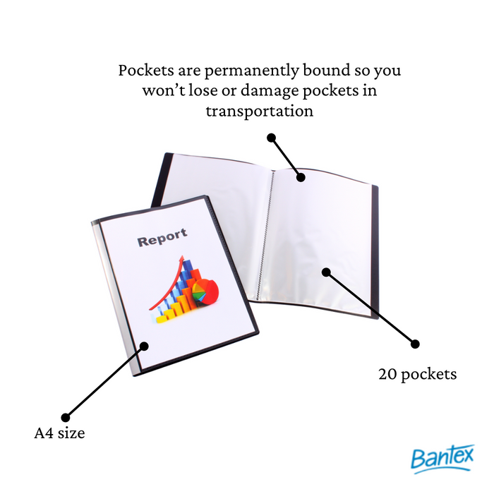 Bantex Fixed Insert Display Books PP A4 20 Pockets Black