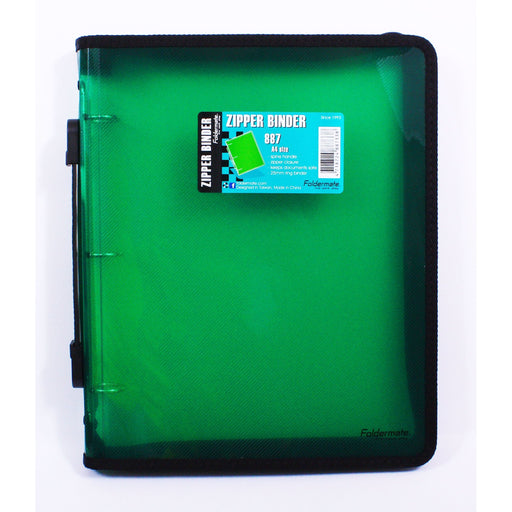 Bantex Translucent Zipper Binder PP A4 3O Ring 25mm Green