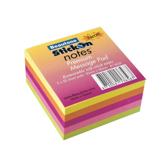 Stick On Notes 50mm x 50mm 5 Pads x 50 Sheets Neon Assorted