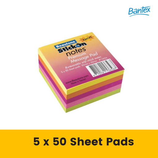 Stick On Notes 50mm x 50mm 5 Pads x 50 Sheets Neon Assorted
