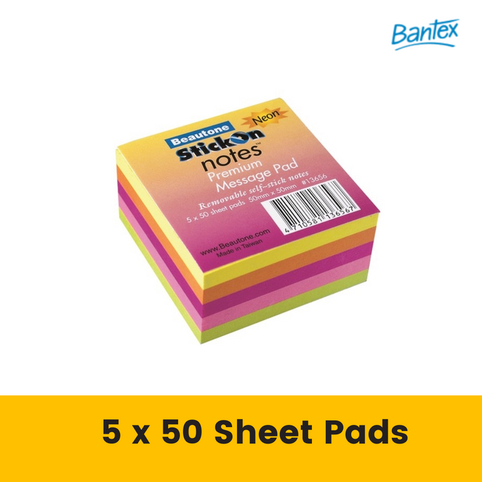 Stick On Notes 50mm x 50mm 5 Pads x 50 Sheets Neon Assorted