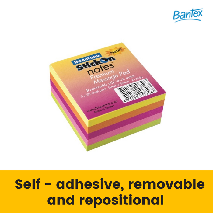 Stick On Notes 50mm x 50mm 5 Pads x 50 Sheets Neon Assorted