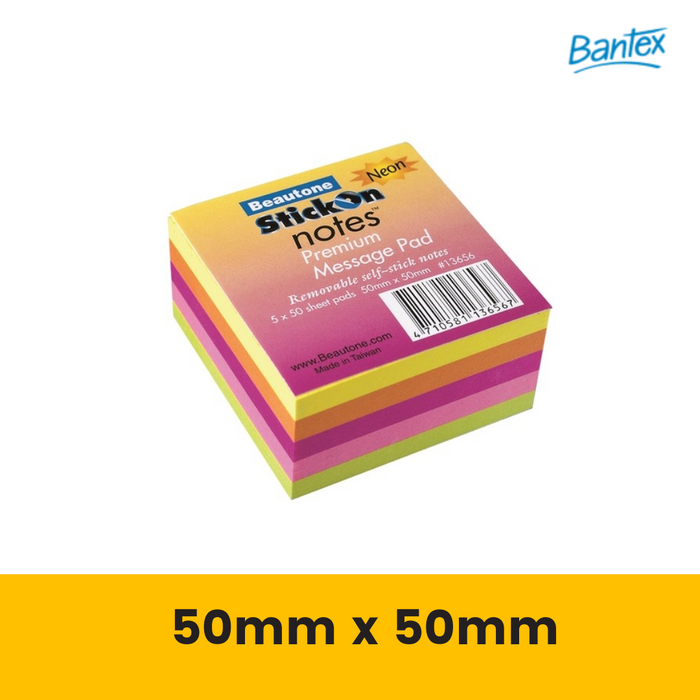 Stick On Notes 50mm x 50mm 5 Pads x 50 Sheets Neon Assorted