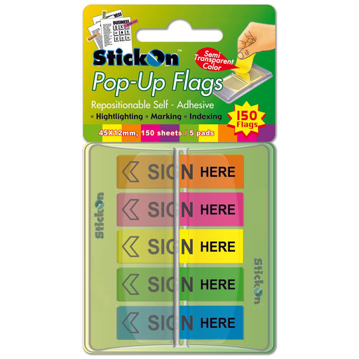 Stick On Flags Sign Here 12mm x 45mm 5 Pads x 30 Sheets Assorted