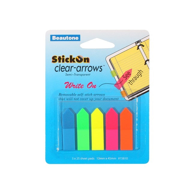 Stick On Arrow Flags 12mm x 45mm 5 Pads x 25 Sheets Neon Assorted