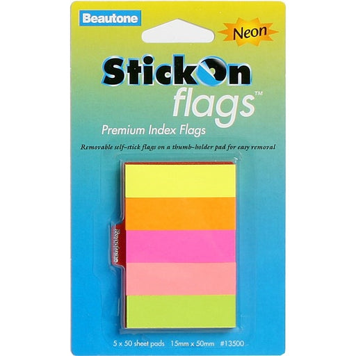 Stick On Flags 15mm x 50mm 5 Pads x 50 Sheets Neon Assorted