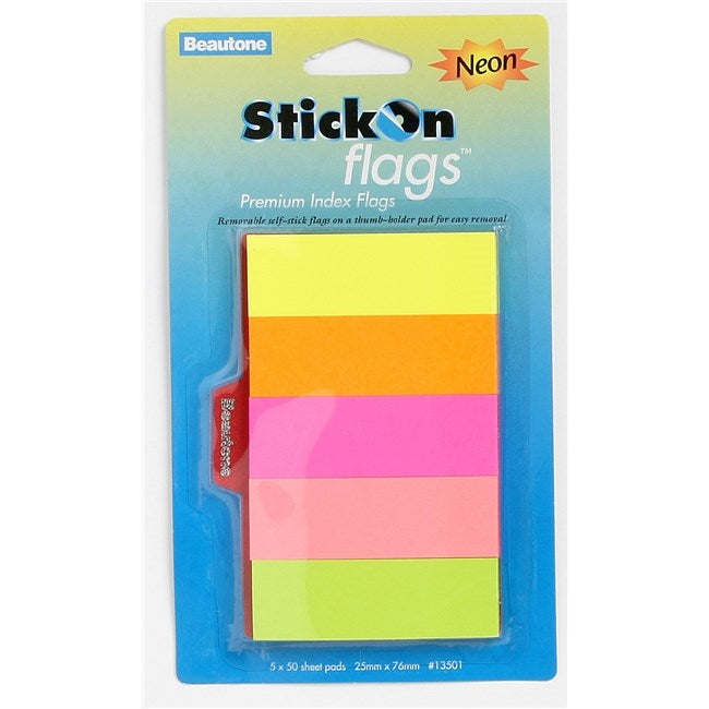 Stick On Flags 25mm x 76mm 5 Pads x 50 Sheets Neon Assorted