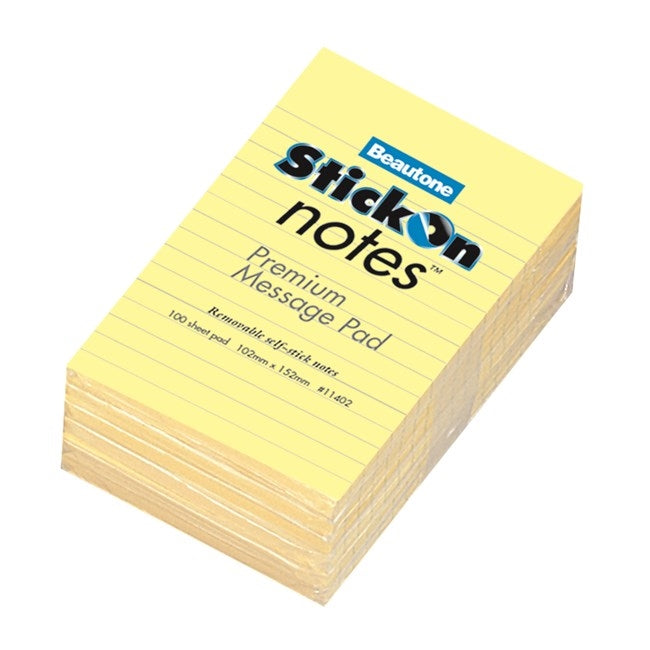 Stick On Notes Ruled 102mm x 152mm 6 Pads x 100 Sheets Yellow
