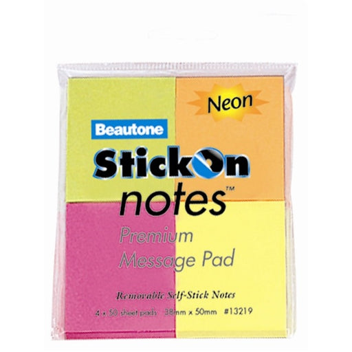 Stick On Notes 38mm x 50mm 4 Pads x 50 Sheets Neon Assorted