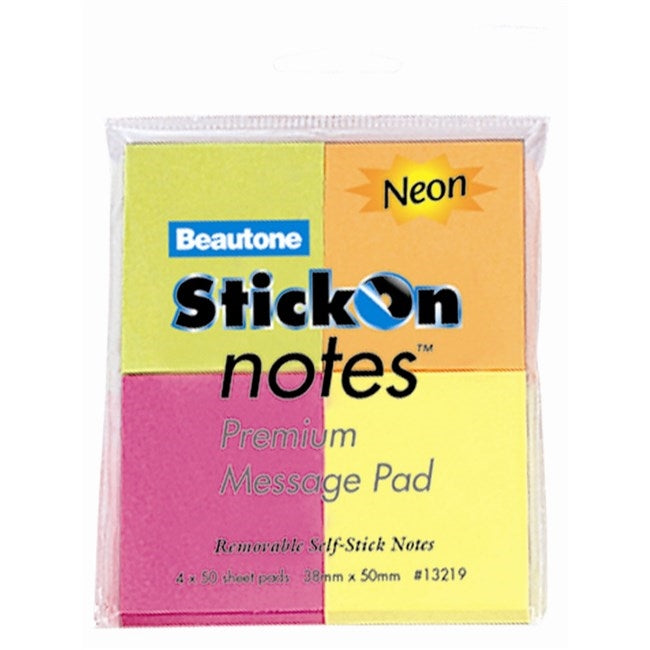 Stick On Notes 38mm x 50mm 4 Pads x 50 Sheets Neon Assorted