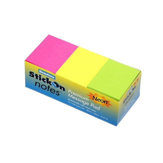 Stick On Notes 38mm x 50mm 12 Pads x 100 Sheets Neon Assorted