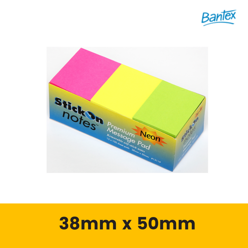 Stick On Notes 38mm x 50mm 12 Pads x 100 Sheets Neon Assorted