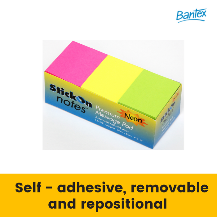 Stick On Notes 38mm x 50mm 12 Pads x 100 Sheets Neon Assorted