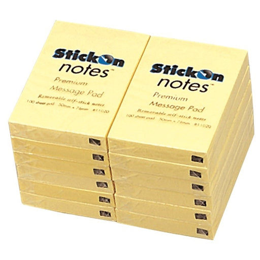 Stick On Notes 50mm x 76mm 12 Pads x 100 Sheets Yellow