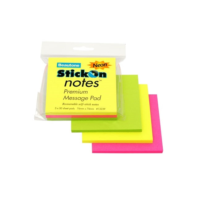 Stick On Notes 76mm x 76mm 3 Pads x 50 Sheets Neon Assorted