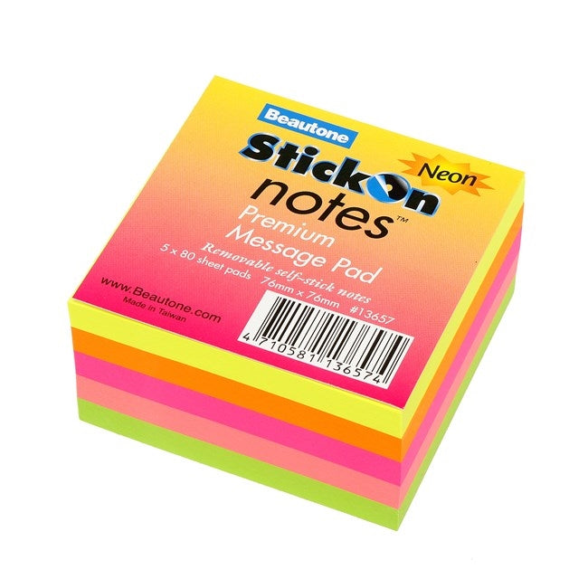 Stick On Notes 76mm x 76mm 5 Pads x 80 Sheets Neon Assorted
