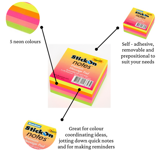 Stick On Notes 76mm x 76mm 5 Pads x 80 Sheets Neon Assorted