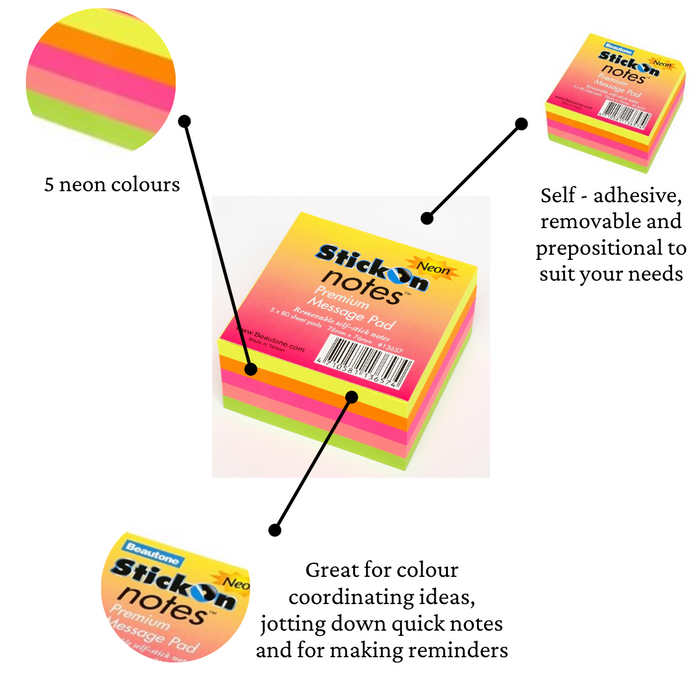 Stick On Notes 76mm x 76mm 5 Pads x 80 Sheets Neon Assorted