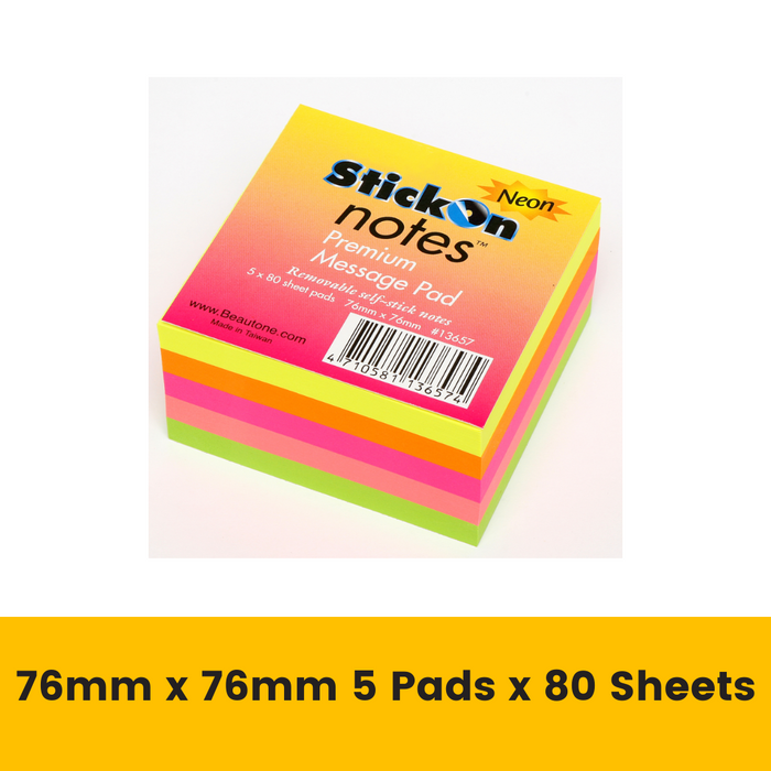 Stick On Notes 76mm x 76mm 5 Pads x 80 Sheets Neon Assorted