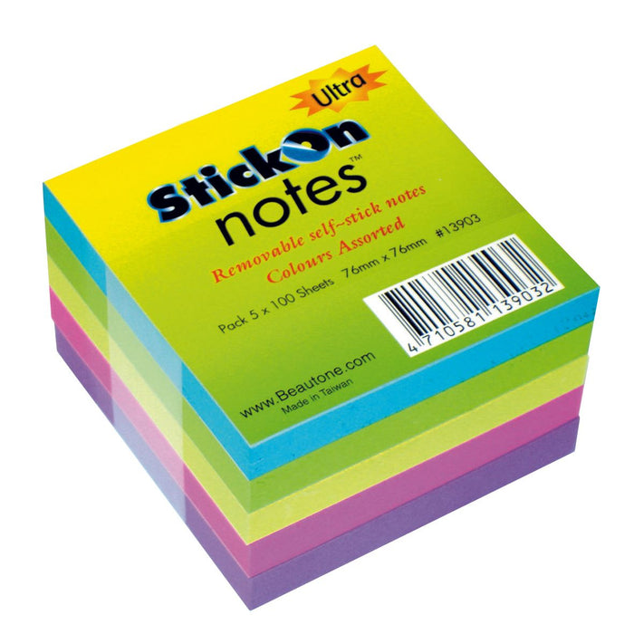 Stick On Notes 76mm x 76mm 5 Pads x 100 Sheets Ultra Assorted