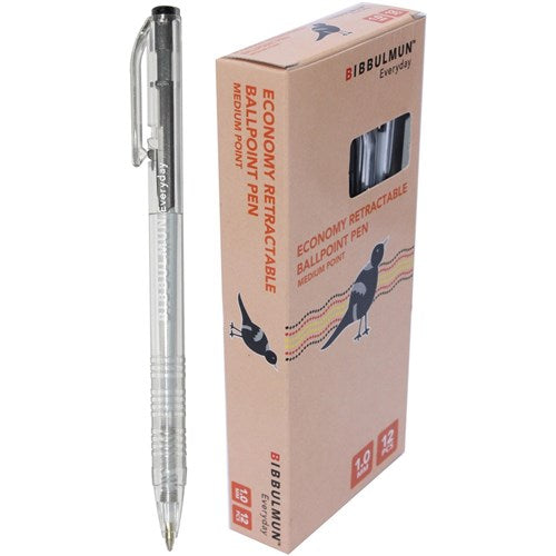 BIBBULMUN Retractable Ballpoint Pen – Black Ink, 1.0mm Medium Point, Pack of 12