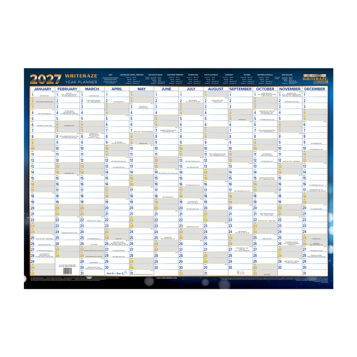 2027 Calendar Year Wall Planner - 12 Month (h500 x w700mm) - Laminated Wall Planner - Collins