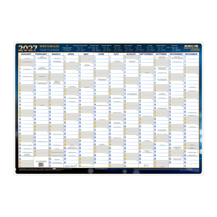 2027 Calendar Year Wall Planner - 12 Month (h500 x w700mm) - Framed Laminated Wall Planner