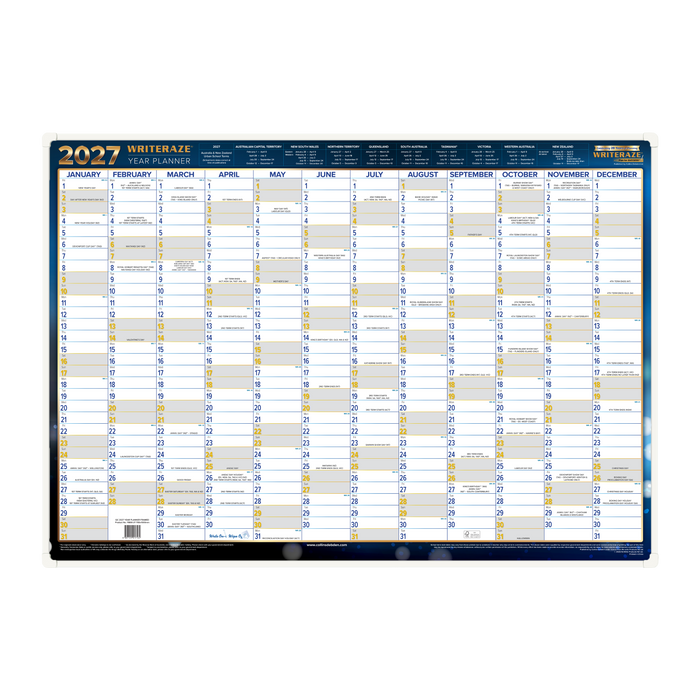 2027 Calendar Year Wall Planner - 12 Month (h700 x w1000mm) - Framed Laminated Wall Planner