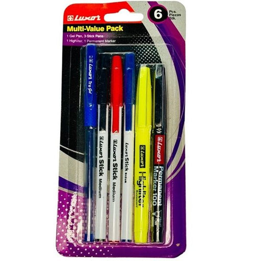 Luxor Multi-Value Pack – 6 Pc Stationery Kit with Pens, Highlighter & Marker