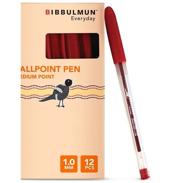 BIBBULMUN Ballpoint Pen Medium 1.0mm Red – Pack of 12