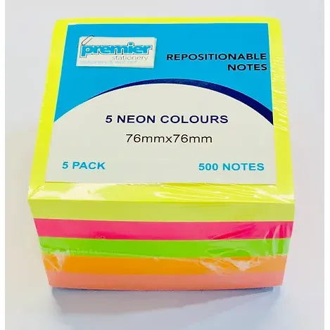 Premier Sticky Notes Pad 76x76mm, Assorted Colours, 500 sheets in total per pack