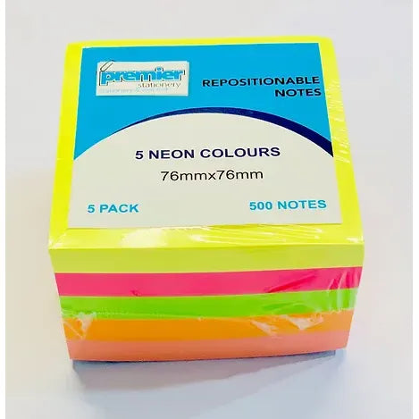 Premier Sticky Notes Pad 76x76mm, Assorted Colours, 500 sheets in total per pack