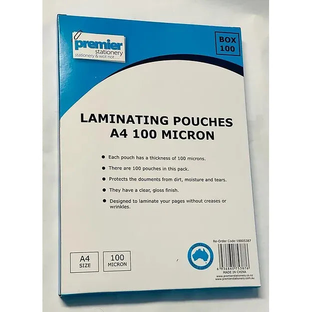 Premier Laminating Pouches A4 100 Micron - 100 Sheets/ pack