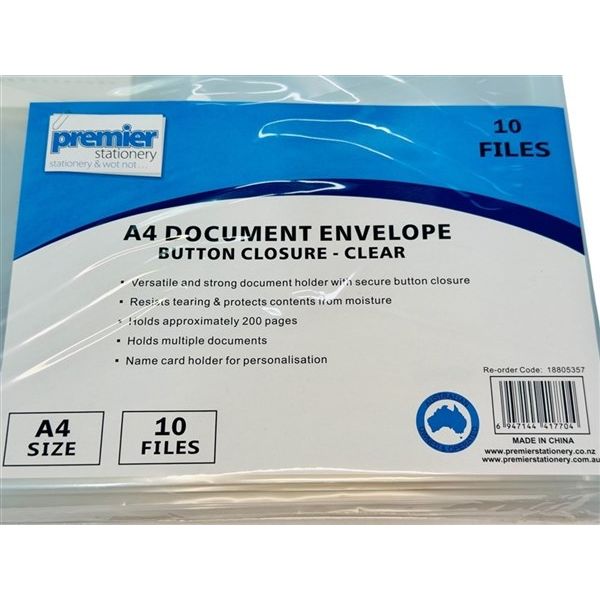 Premier A4 Document Envelope Button Closure, Clear