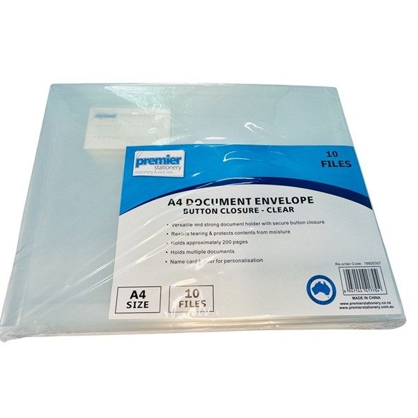 Premier A4 Document Envelope Button Closure, Clear